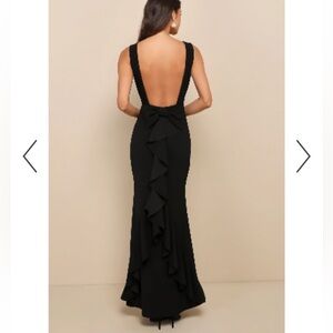 Lulu's Classic Black Formal Open Back Bow Ruffle Gown Maxi Dress